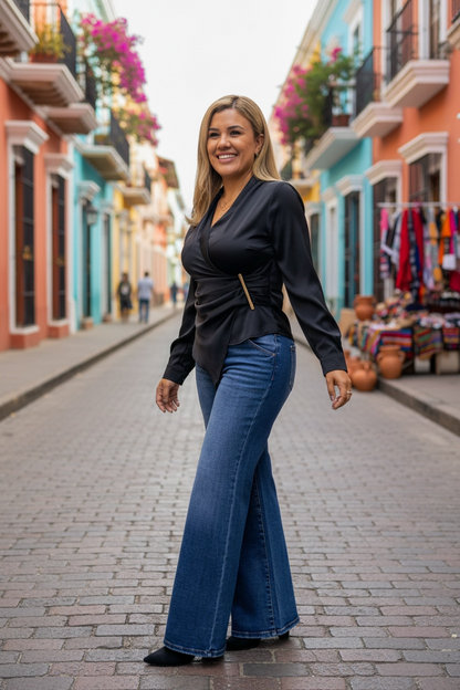 Jeans de Mezclilla con Abertura V Corte Wide Leg