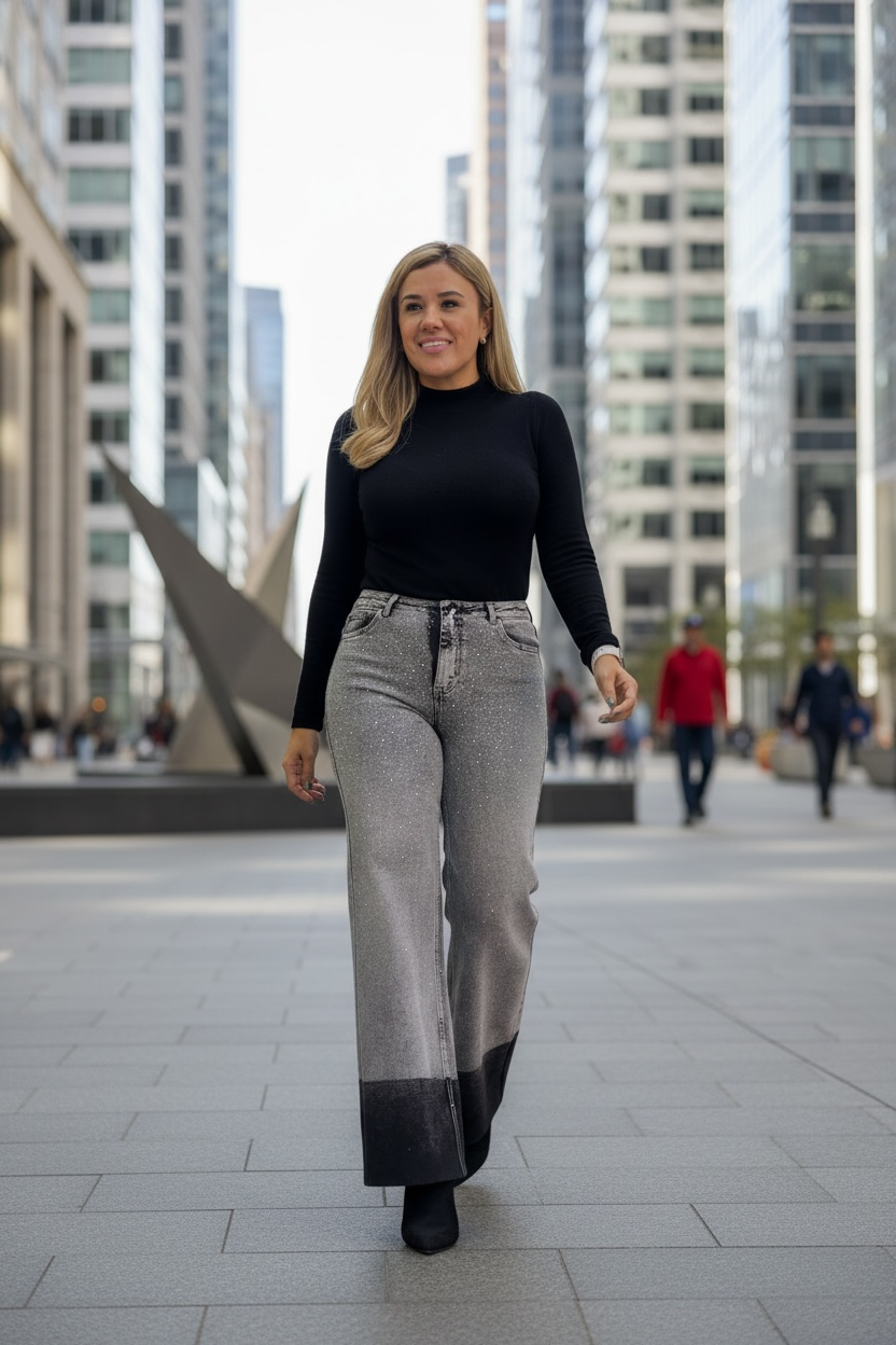 Jeans de Mezclilla Gris con Brillos y Valenciana en Color Negro