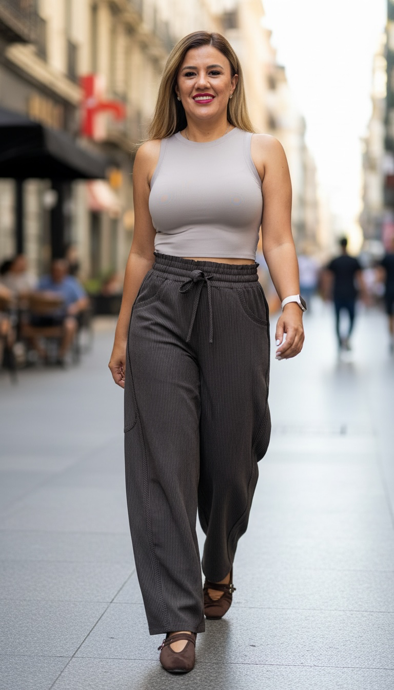 Pantalon Casual Barriel Color Tabaco con Estampado a Rayas, de Cintura Elástica