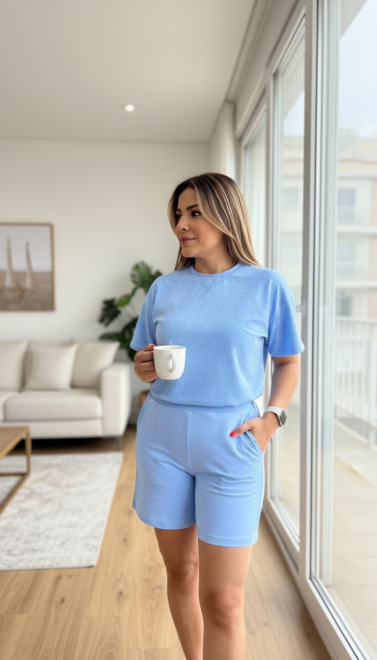 Set de Blusa y Short Sky Blue con Aplicaciones de Brillos