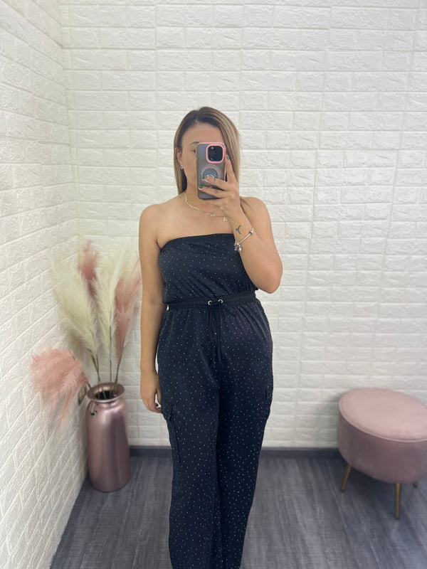 Jumpsuit Negro Satinado Straple con Aplicación de Brillos