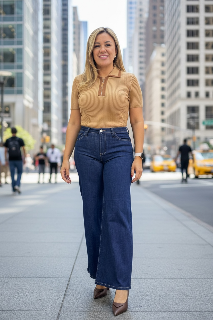 Blusa Color Camel Cuello Polo con Café