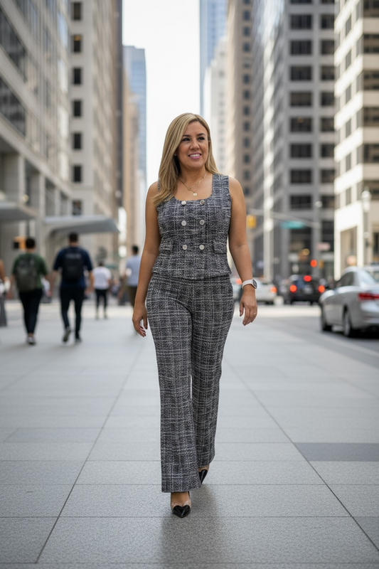 Conjunto Tejido Blanco Con Negro Chaleco y Pantalón