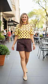 Blusa Amarilla con Estampado Lunares Cafés