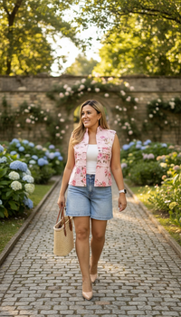 Chaleco Rosa con Botones Decorativos y Estampado de Rosas