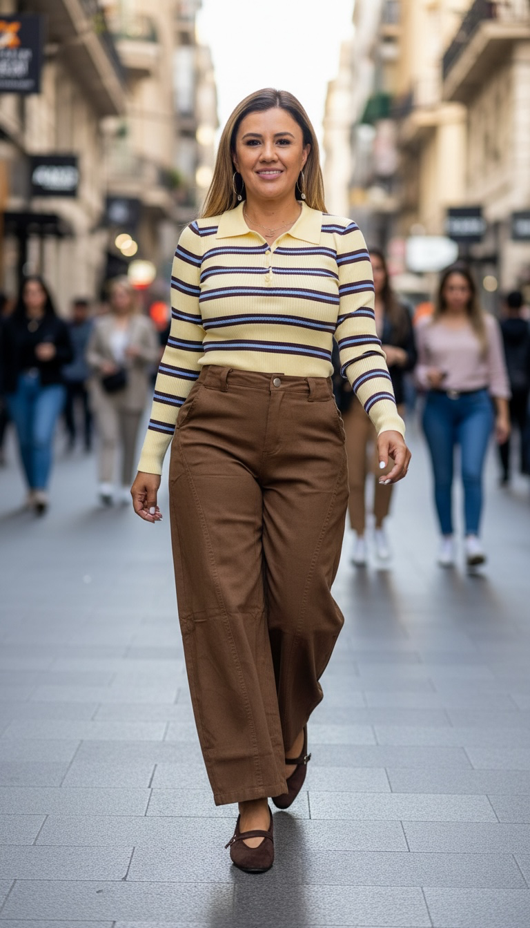 Blusa Suéter de Manga Larga Amarillo Estampado a Rayas