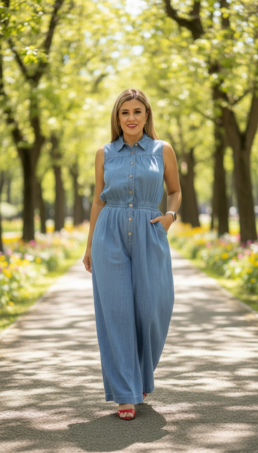 Jumpsuit de Mezclilla sin Mangas con Botones al Frente