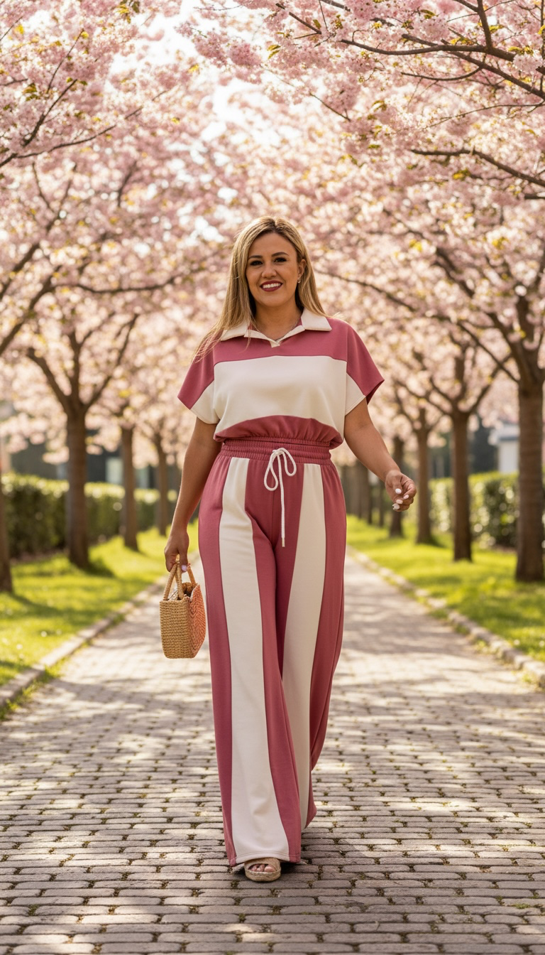 Conjunto de Blusa y Pants Estampado a Rayas Rosa y Beige Claro