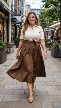 Vestido Largo Manga Corta Beige Con Cafe