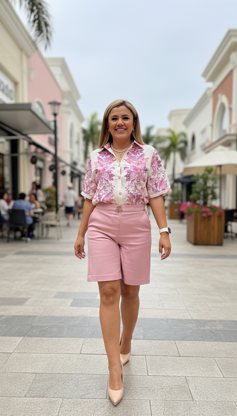 Bermuda Color Rosa Lisa con Hebilla al Frente