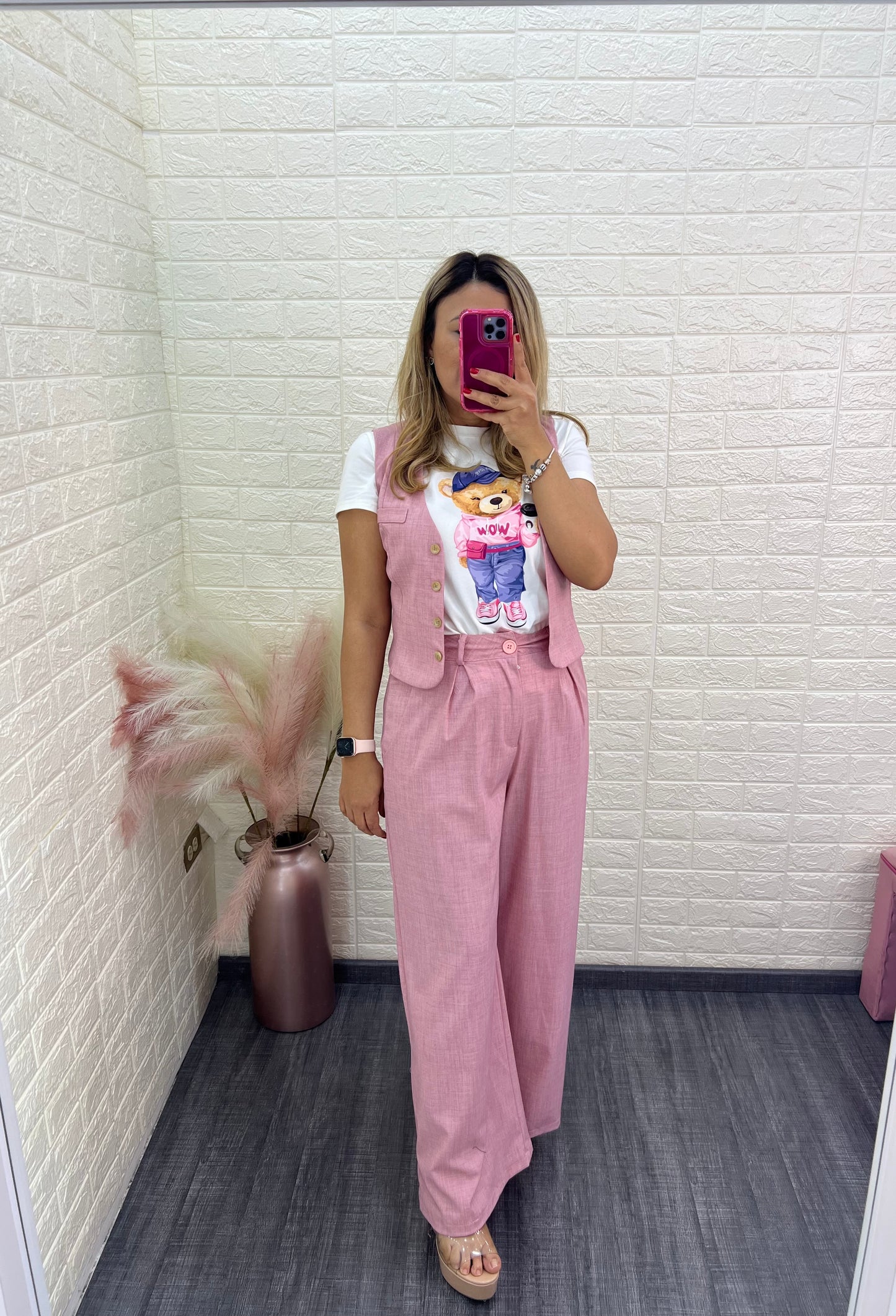 Conjunto de Chaleco y Pantalón Casual en Color Rosa