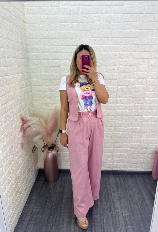 Conjunto de Chaleco y Pantalón Casual en Color Rosa
