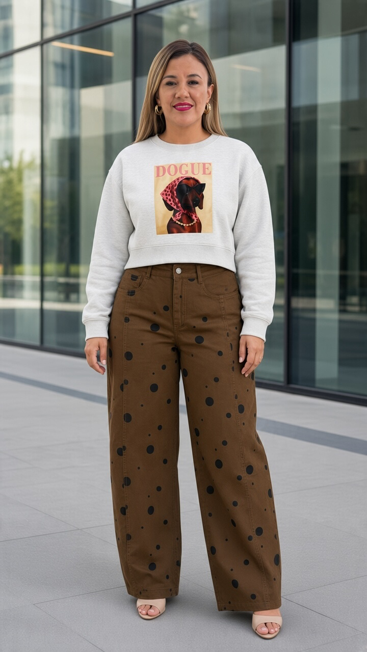 Jeans Café de Mezclilla Corte Barriel con Estampado Polka Dots