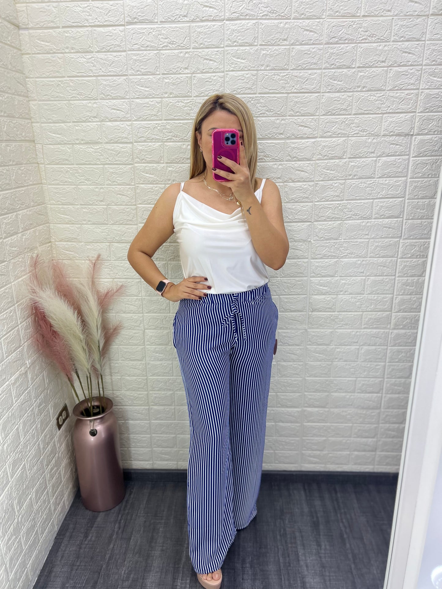 Pantalon Casual Rayado Color Azul con Blanco