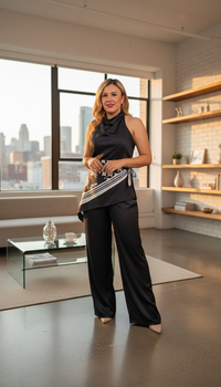 Conjunto Negro de Blusa con Pañoleta Decorativa y Pantalón
