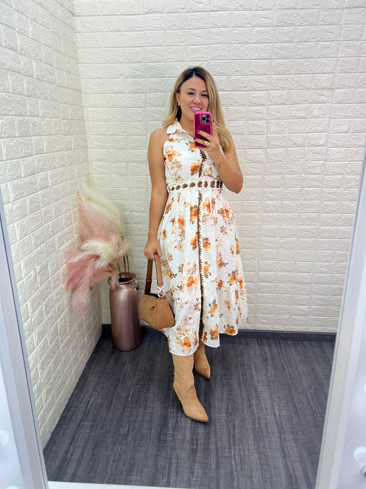 Vestido Largo Sin Mangas Cuello Polo Estampado Floral