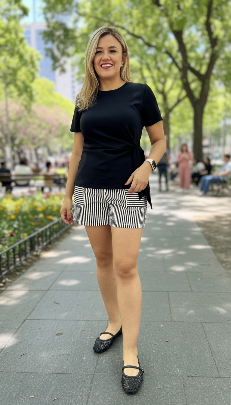 Blusa Negra de Manga Corta con Nudo al Frente