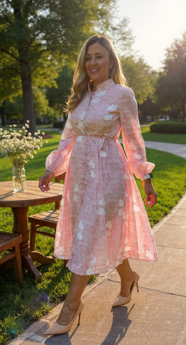 Vestido Rosa de Gasa con Forro y Flores Bordadas en Color Blanco