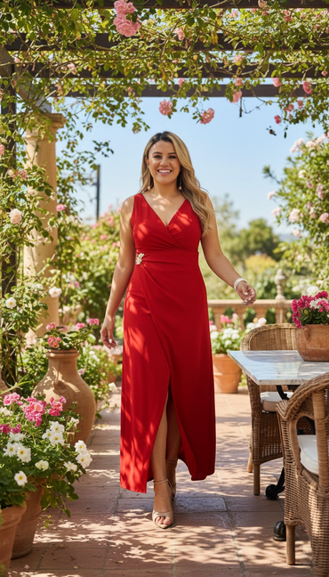 Vestido Largo Color Rojo con Broche Dorado Decorativo