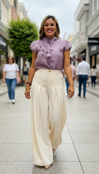 Blusa Lila Sin Mangas con Aplicación de Olanes con Perlas
