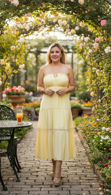 Vestido Straple Amarillo con Jaretas al Frente