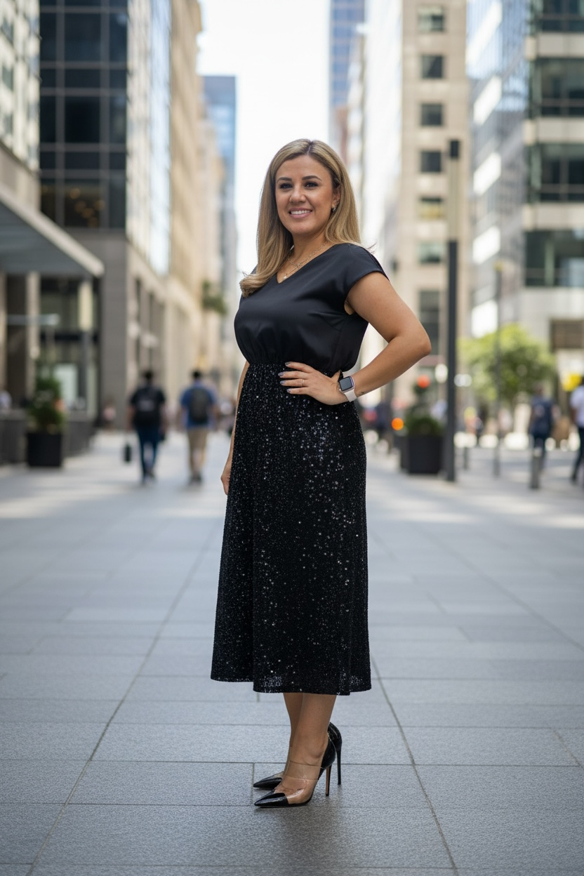 Vestido Negro Satín con Aplicacion de Lentejuela