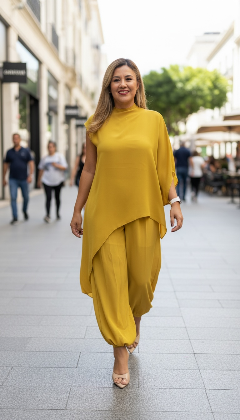 Set de Gasa Color Mostaza de Blusa Tipo Capa y Pantalón Jogger de Cintura Elástica