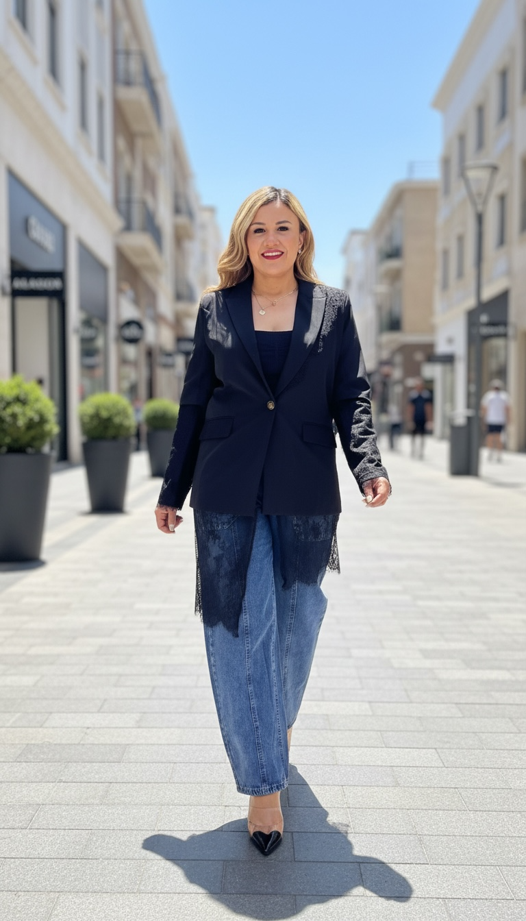Blazer Negro con Aplicaciones de Encaje