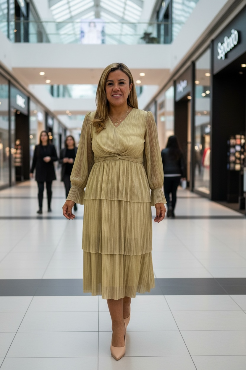 Vestido Color Dorado de Manga Larga con Brillos