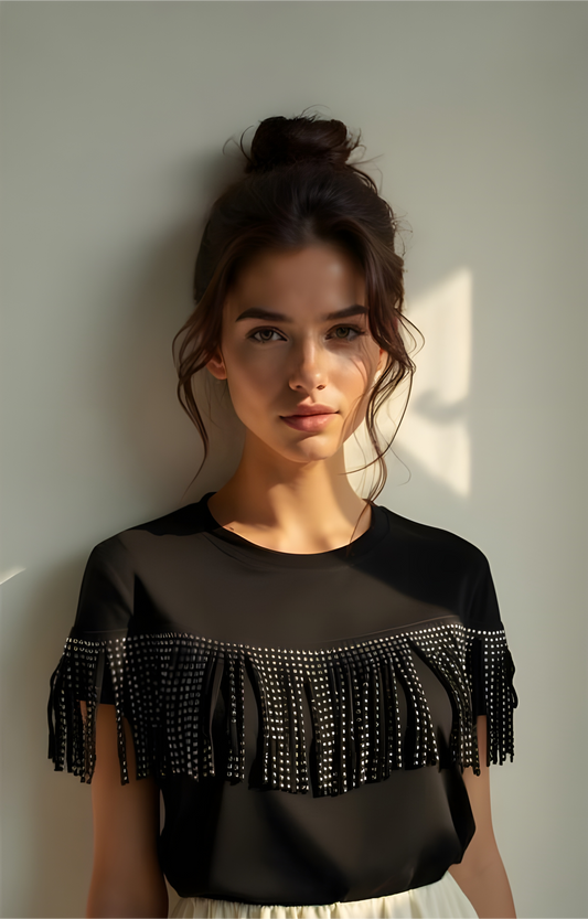 Blusa Negra Vaquera con Barbas en Línea con Destellos