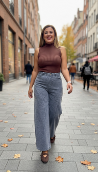 Blusa Café Tipo Suéter Sin Mangas de Cuello Alto