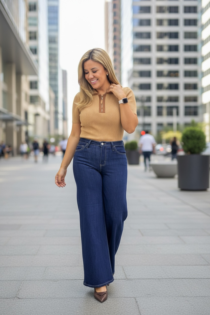 Blusa Color Camel Cuello Polo con Café