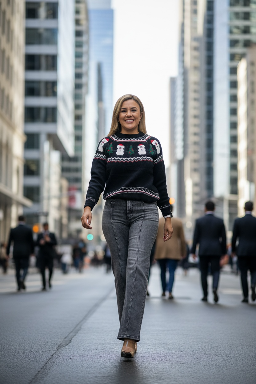 Suéter Negro Navideño Estampado Monos de Nieve