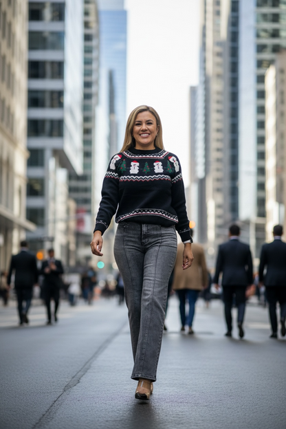 Suéter Negro Navideño Estampado Monos de Nieve