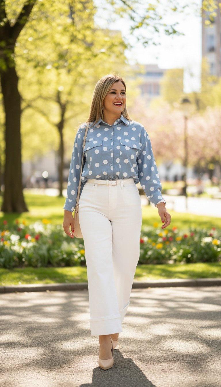Blusa de Manga Larga Azul con Lunares Blancos