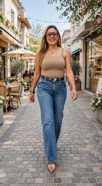 Jeans Azul de Mezclilla Corte Straight con Cinto Café