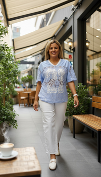 Blusa Sky Blue de Encaje de Cuello V Estampado #21