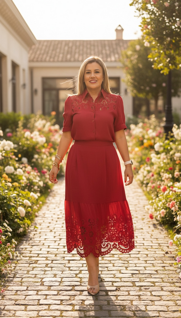 Set Rojo de Blusa y Falda con Bordados