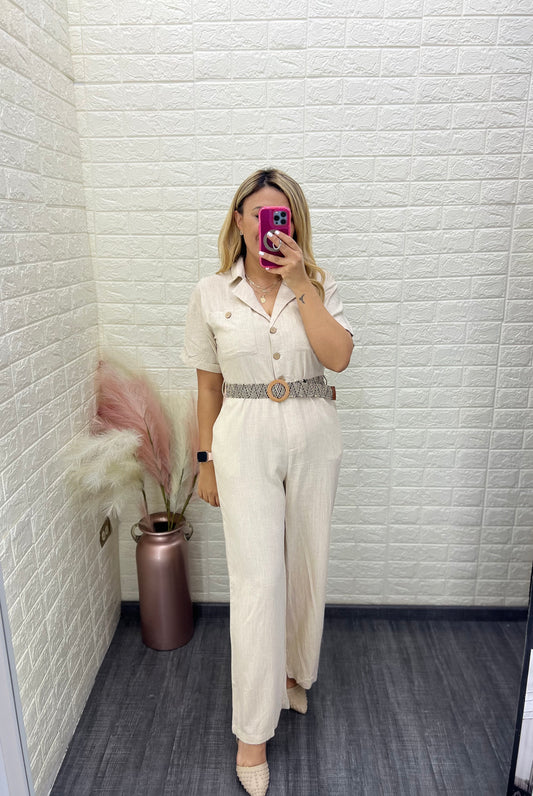 Jumpsuit de Botones y Bolsas al Frente, Con Cinto, Tela de Lino Color Beige