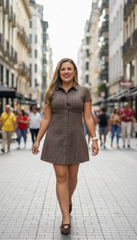 Vestido Corto de Manga Corta Tonos Cafés Estampado a Cuadros