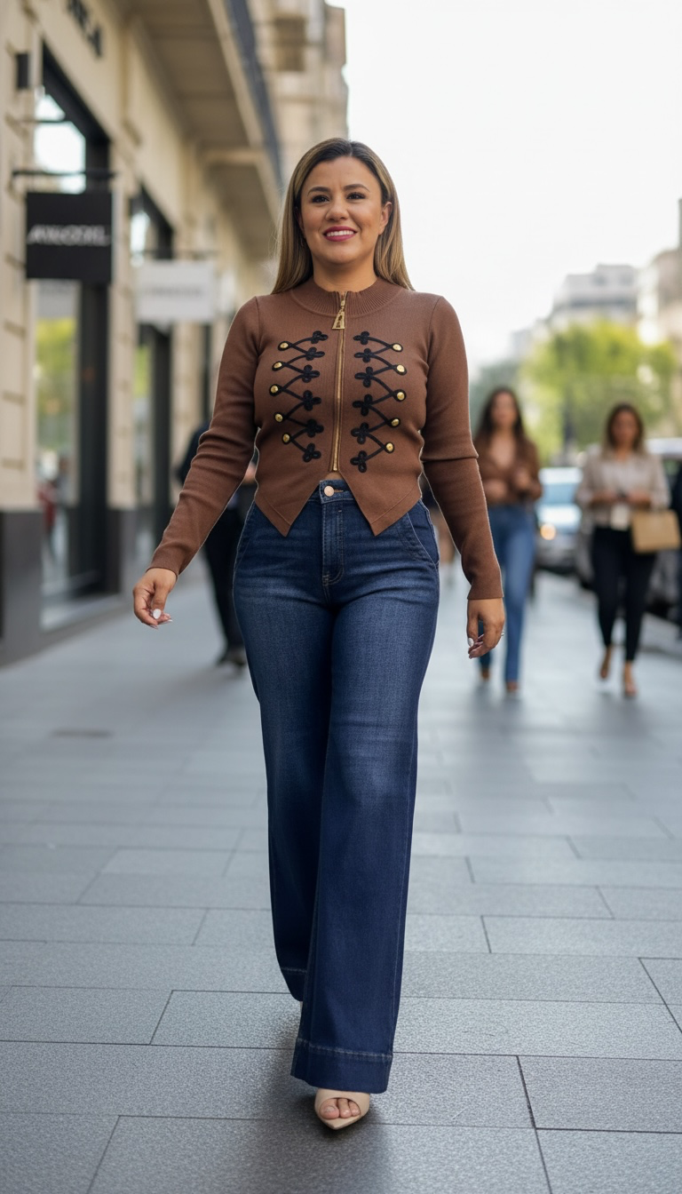 Blusa Suéter de Zíper Completo Café con Bordados en Negro con Botones