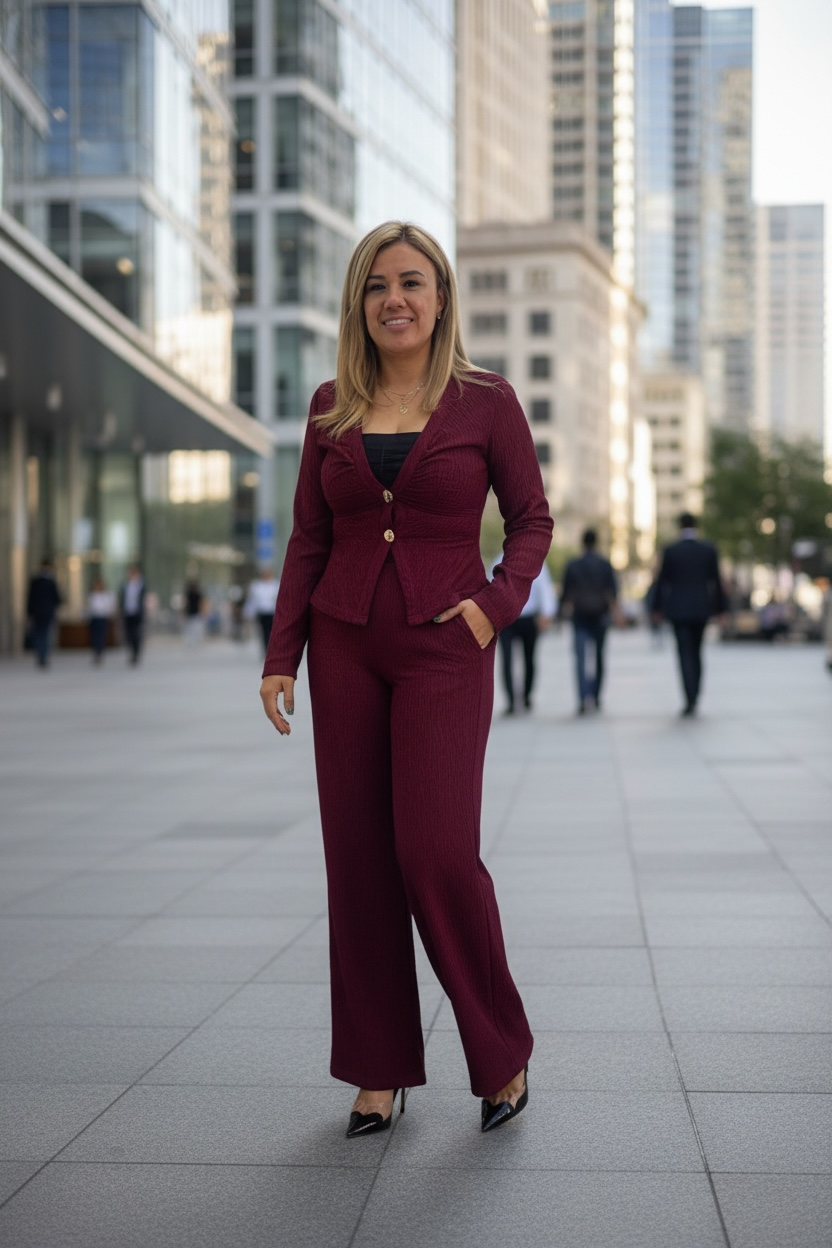 Conjunto Color Guindo Cuello V Manga Larga con Pantalón