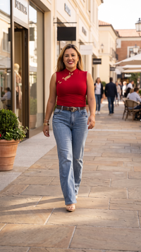 Jeans Azul de Mezclilla Corte Straight con Cinto Café