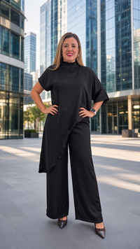 Conjunto Negro de Blusón Largo Asimétrico con Pantalón de Cintura Elástico