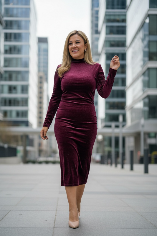 Vestido Guindo Metálico de Manga Larga Tela de Velvet