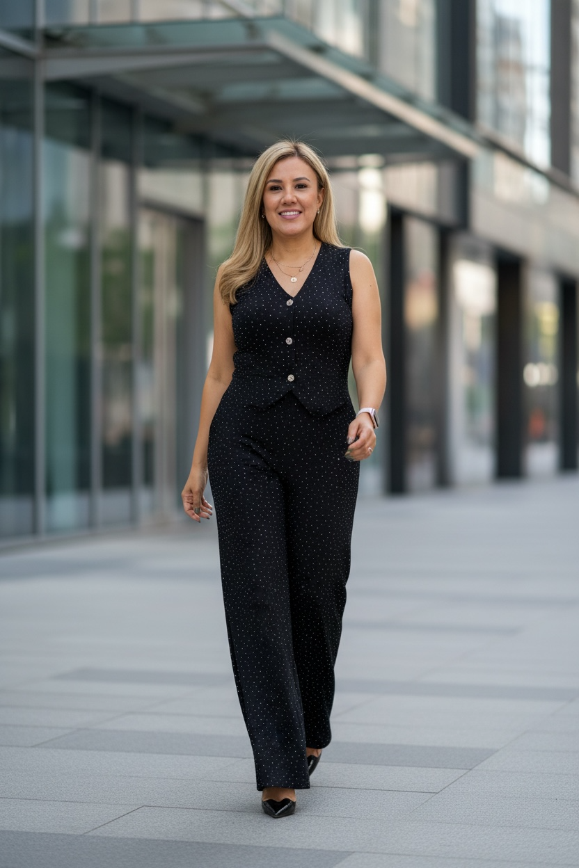 Conjunto Negro con Brillos Blusa Chaleco y Pantalón