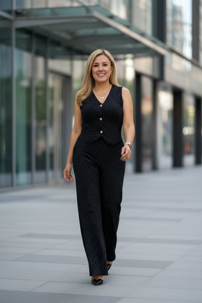 Conjunto Negro con Brillos Blusa Chaleco y Pantalón