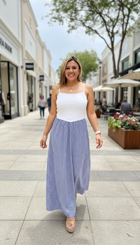 Vestido Largo Blanco con Falda Sky Blue a Rayas Blancas