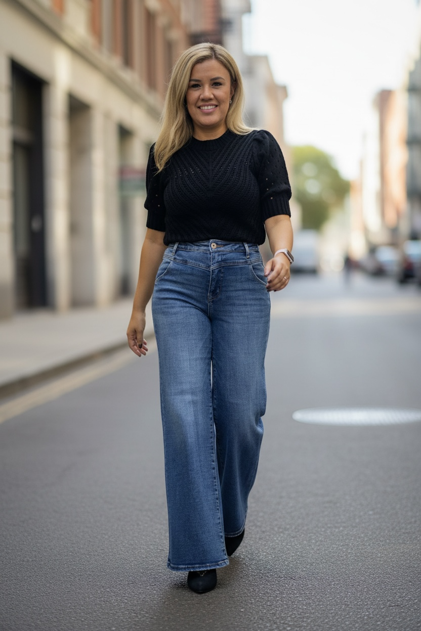 Blusa Suéter Negra Tejida de Media Manga