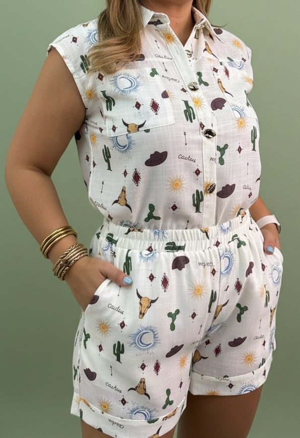 Conjunto Beige de Blusa de Resaque y Short Estampados